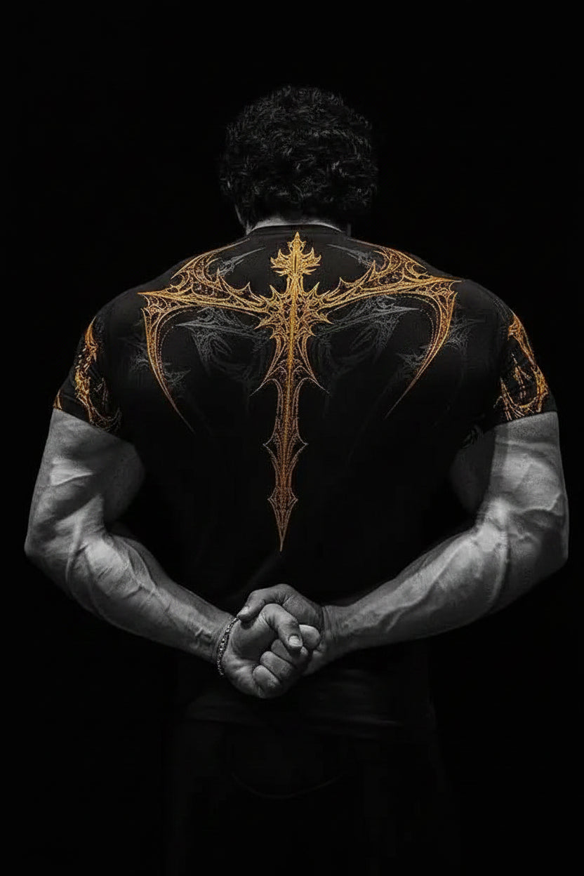 New Summer GYM T-Shirt Men'S Gothic Print Muscle Tee High Elasticity and Quick Drying Exercise for Bodybuilding Training T-Shirt