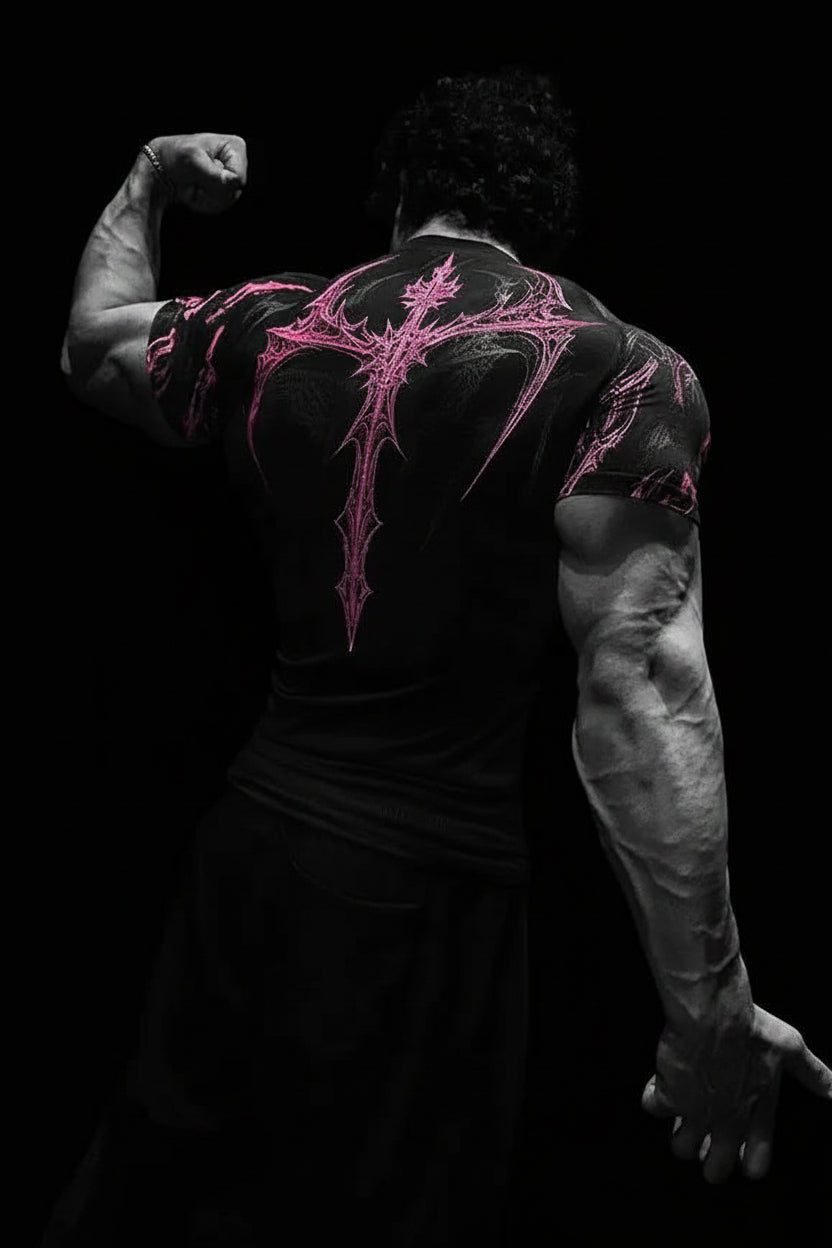 New Summer GYM T-Shirt Men'S Gothic Print Muscle Tee High Elasticity and Quick Drying Exercise for Bodybuilding Training T-Shirt