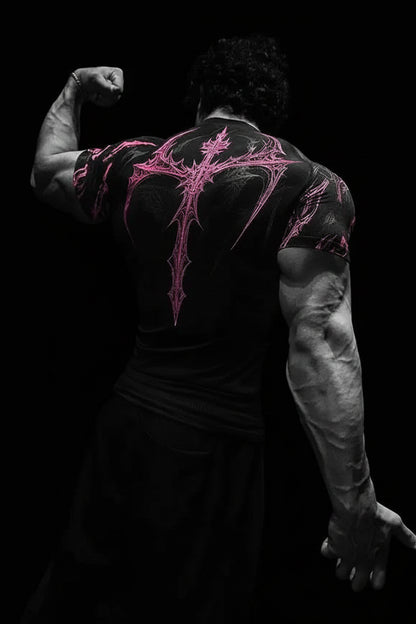 New Summer GYM T-Shirt Men'S Gothic Print Muscle Tee High Elasticity and Quick Drying Exercise for Bodybuilding Training T-Shirt
