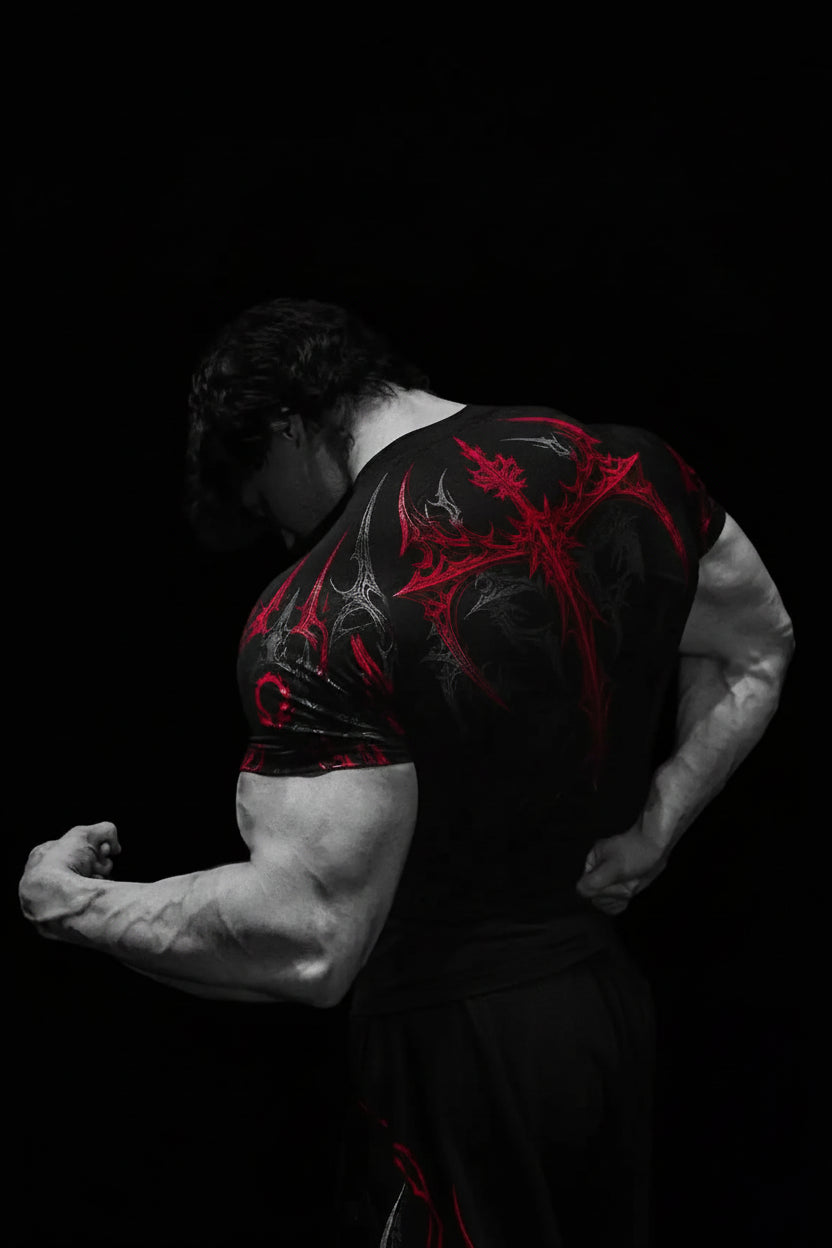 New Summer GYM T-Shirt Men'S Gothic Print Muscle Tee High Elasticity and Quick Drying Exercise for Bodybuilding Training T-Shirt