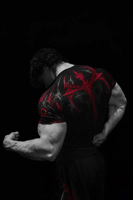 New Summer GYM T-Shirt Men'S Gothic Print Muscle Tee High Elasticity and Quick Drying Exercise for Bodybuilding Training T-Shirt