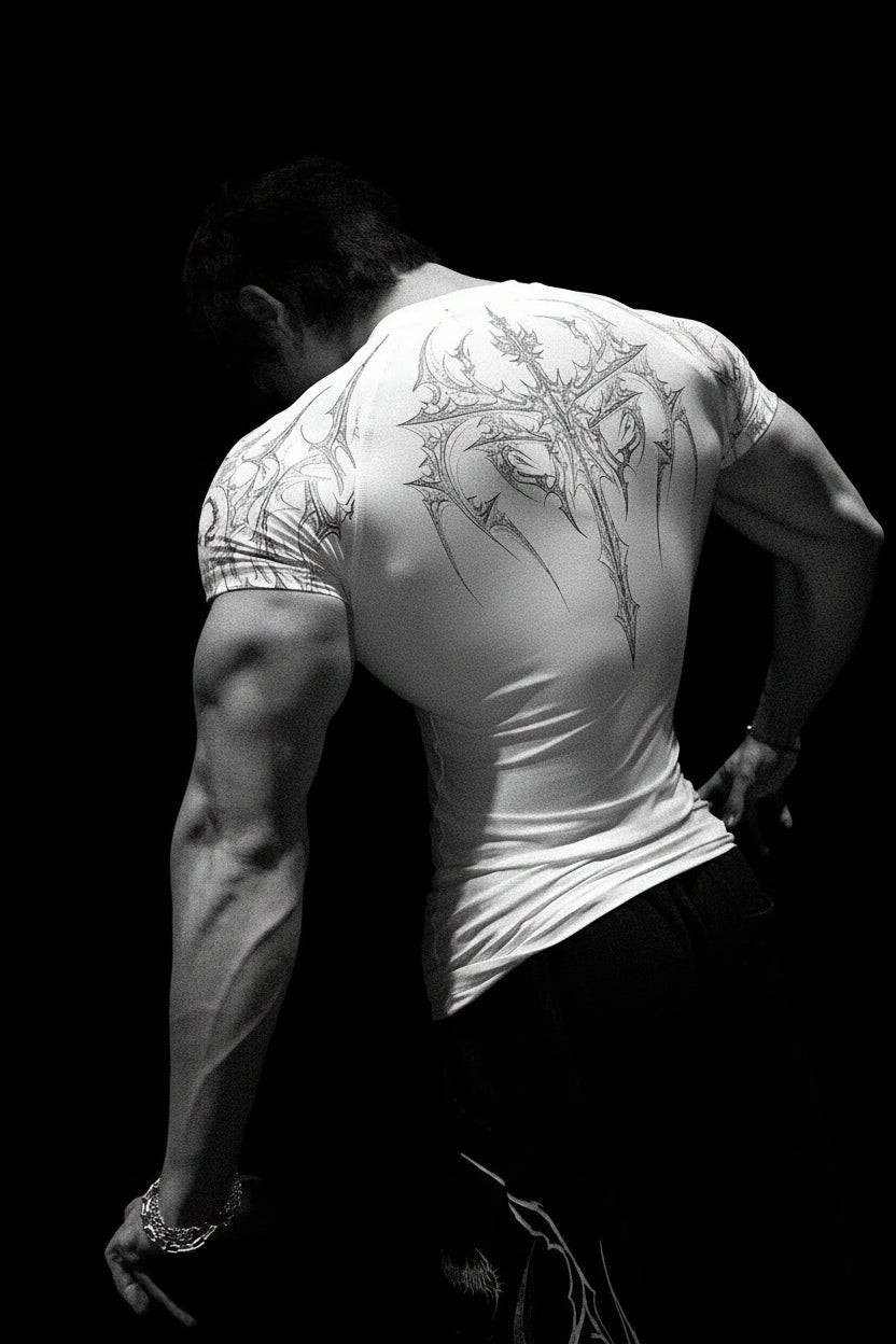 New Summer GYM T-Shirt Men'S Gothic Print Muscle Tee High Elasticity and Quick Drying Exercise for Bodybuilding Training T-Shirt