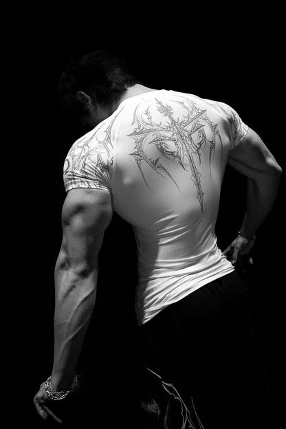 New Summer GYM T-Shirt Men'S Gothic Print Muscle Tee High Elasticity and Quick Drying Exercise for Bodybuilding Training T-Shirt