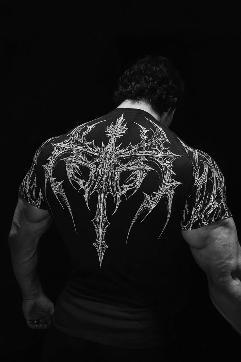 New Summer GYM T-Shirt Men'S Gothic Print Muscle Tee High Elasticity and Quick Drying Exercise for Bodybuilding Training T-Shirt