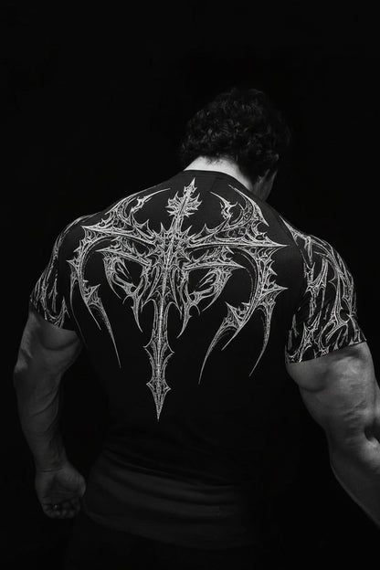 New Summer GYM T-Shirt Men'S Gothic Print Muscle Tee High Elasticity and Quick Drying Exercise for Bodybuilding Training T-Shirt