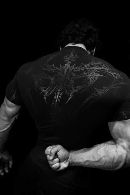 New Summer GYM T-Shirt Men'S Gothic Print Muscle Tee High Elasticity and Quick Drying Exercise for Bodybuilding Training T-Shirt